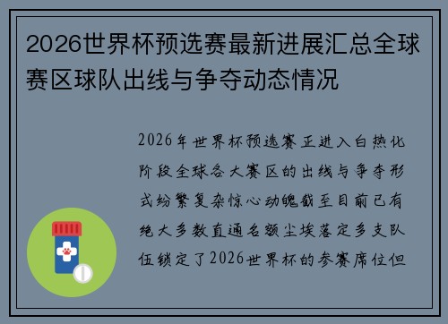 2026世界杯预选赛最新进展汇总全球赛区球队出线与争夺动态情况 2026世界杯预选赛最新进展汇总全球赛区球队出线与争夺动态情况